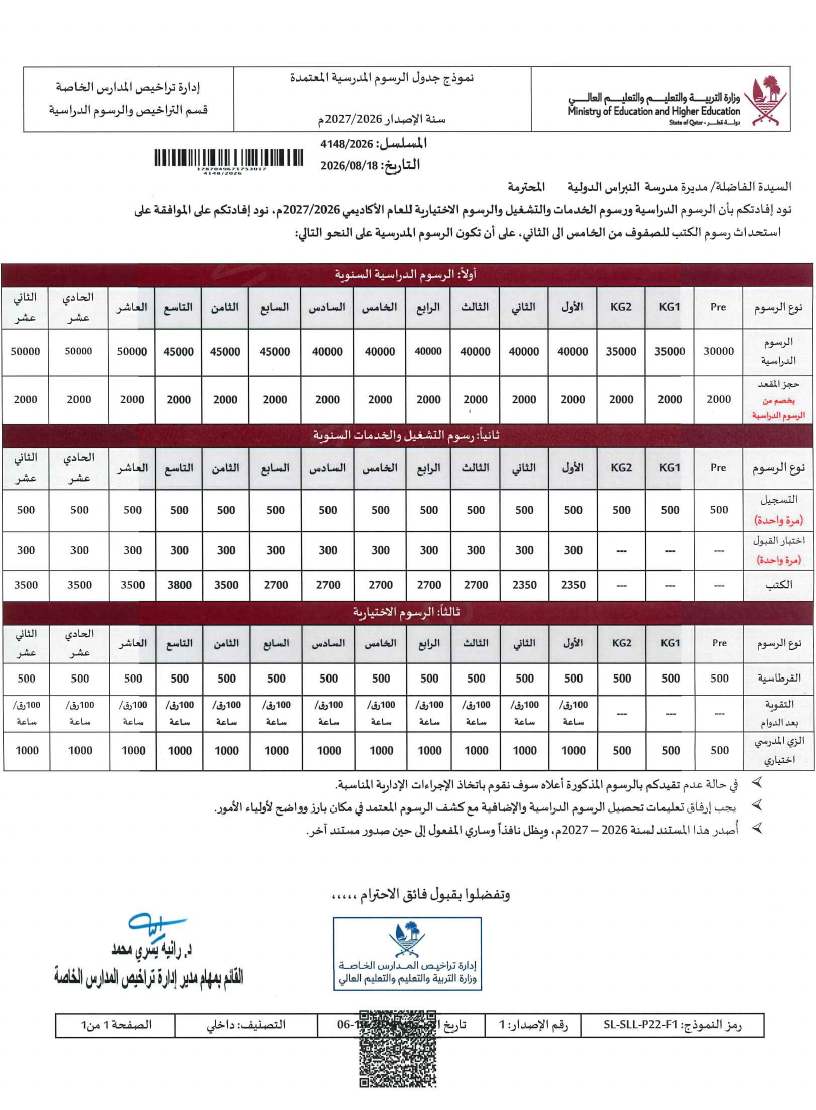 Ministry fee list, Al Nebras International School Lusail Branch